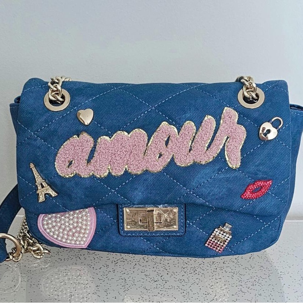 Aldo Blue Quilted Shoulder Bag with Pink 'amour' Patch